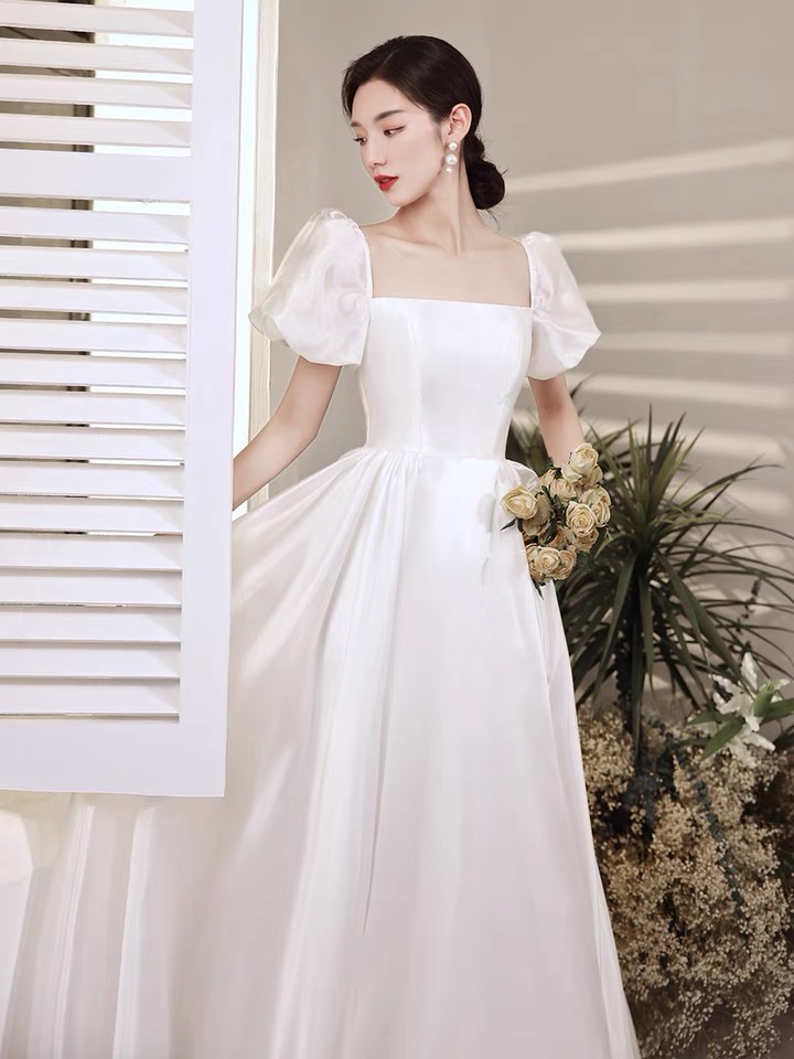 French Light Wedding Dress,white Satin Bridal Dress, Simple Evening Dress,custom Made