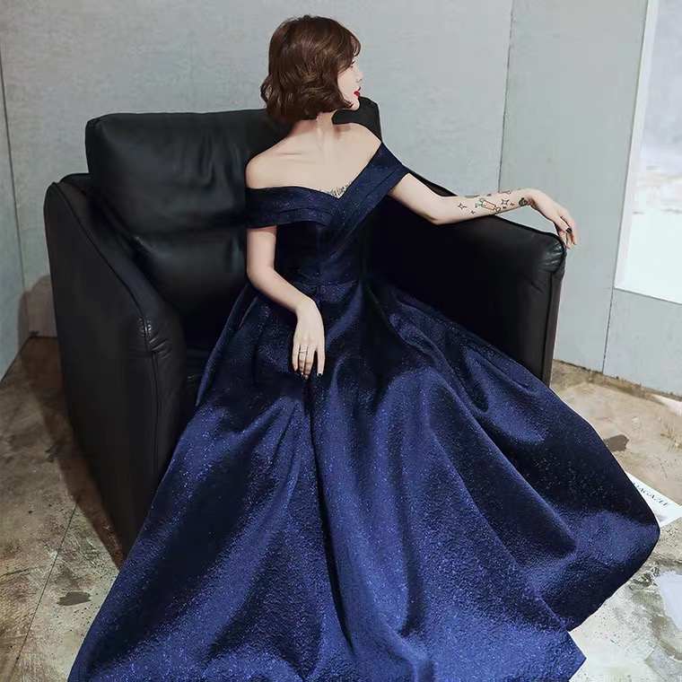 Off Shoulder Evening Dress, Temperament Queen Dress High Quality ,atmosphere Navy Blue Evening Dress,custom Made