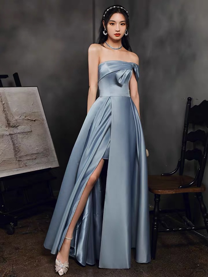 Off Shoulder Evening Dress With Pocket, Noble And Elegant, Satin Light Blue, High Quality. Split Evening Dress,custom Made