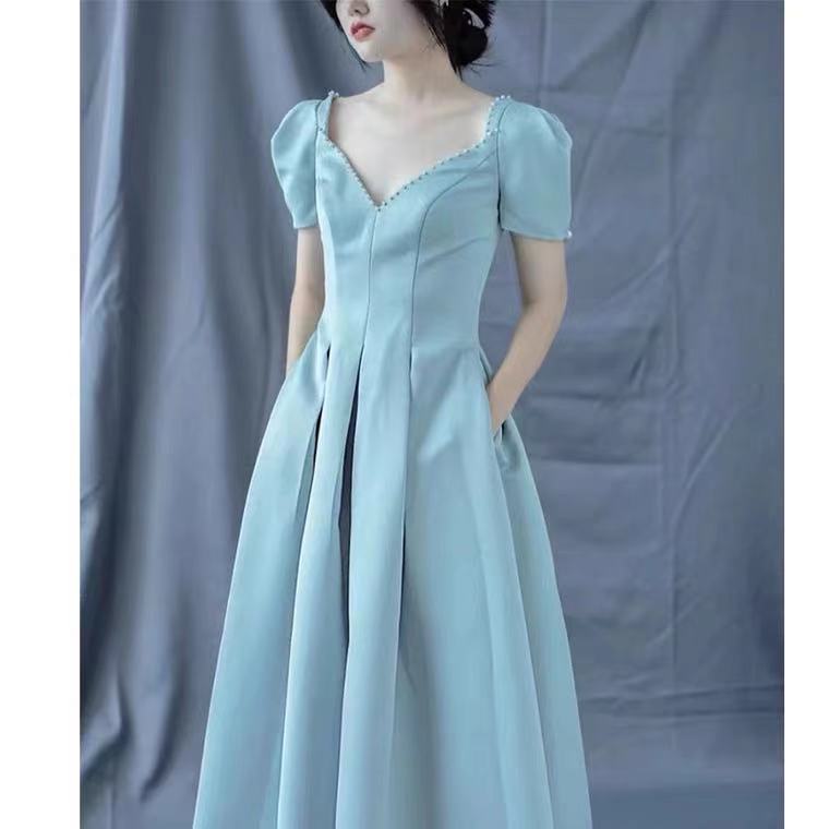 Sky Blue Party Dress,deep V Neck Evening Dress,short Sleeve Prom Dress,lace Beading Formal Dress,custom Made