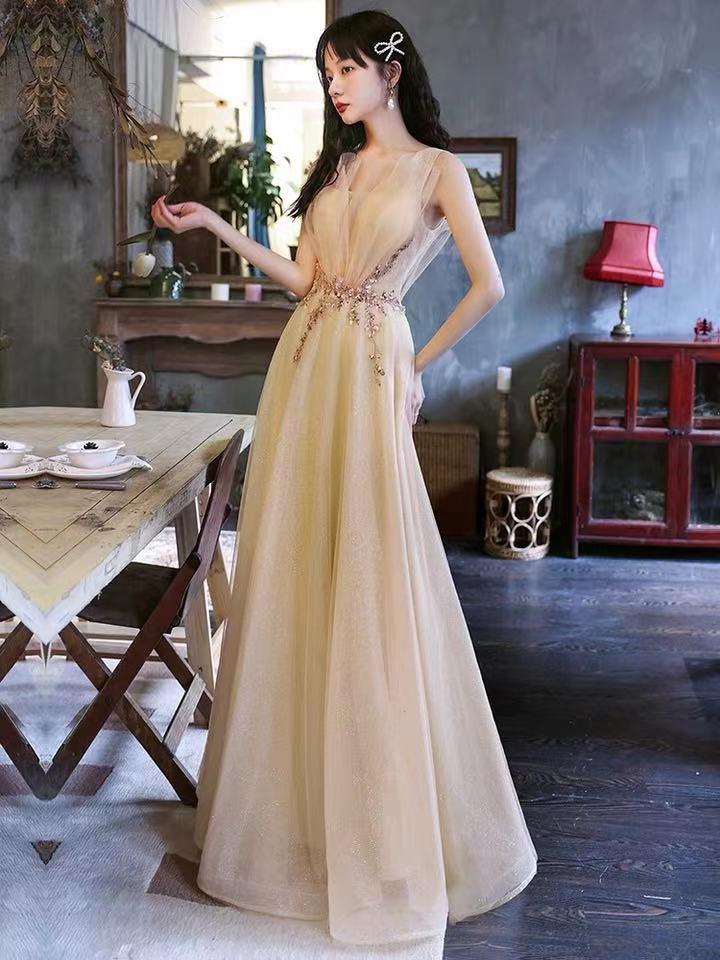 blue dress for baby girl Yellow Backless Mermaid Sparkly V-neck Long Evening Prom Dresses, MR9220 main image 1