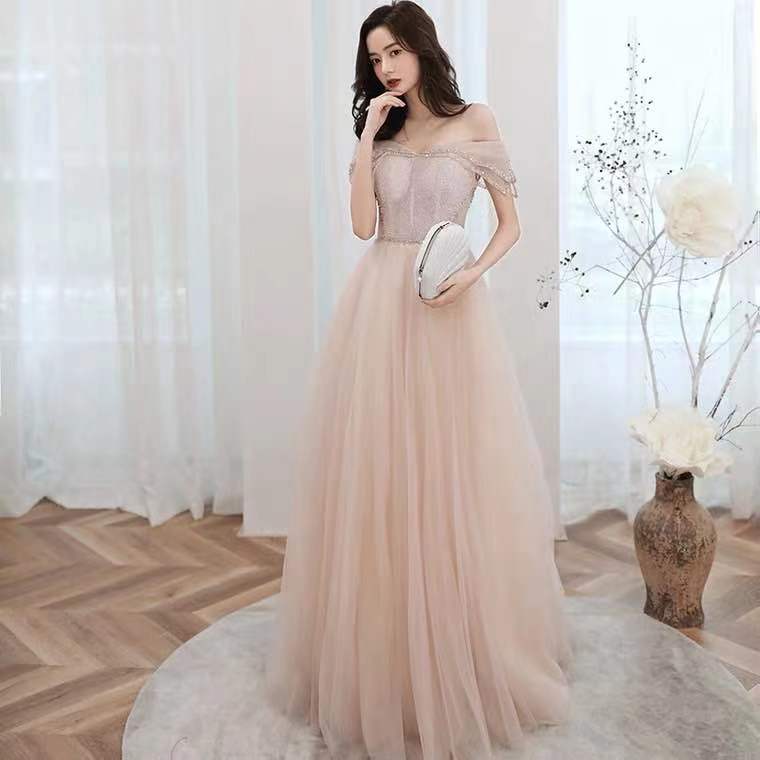Champagne Party Dress,off Shoulder Evening Dress,tulle Long Prom Dress,lace Formal Dress.custom Made