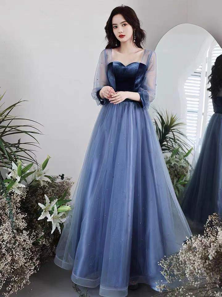 Blue Party Dress,transparent Long Sleeve Evening Dress,tulle Long Prom Dress,velvet Formal Dress,custom Made