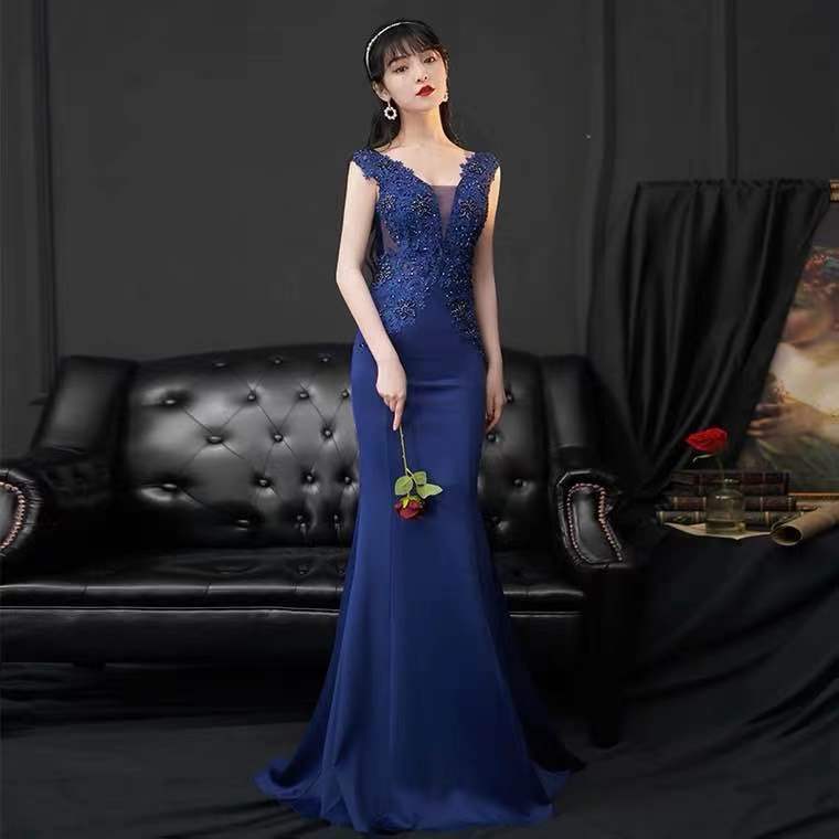 Navy Blue Party Dress,lace Applique Evening Dress,lace Applique Formal Dress,mermaid Long Prom Dress,custom Made