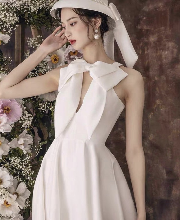 White Prom Dress,satin Bridal Dress,halter Neck Party Dress,custom Made