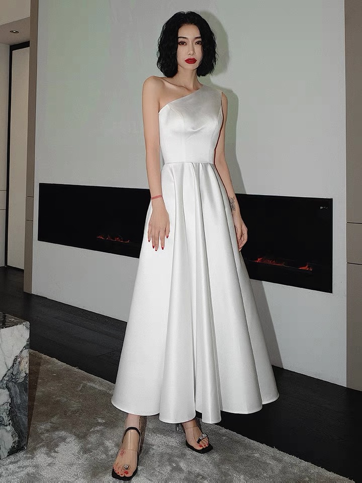 White Prom Dress,satin Party Dress,one Shoulder Daliy Dress,custom Made
