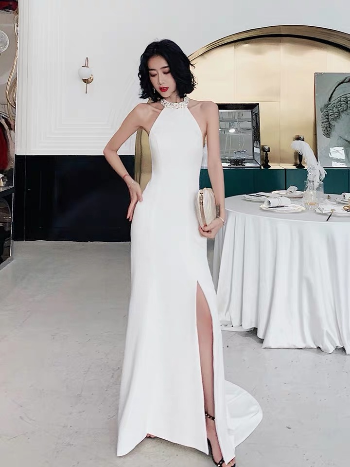 White Evening Dress, Noble, Socialite Party Dress, Sexy Fashion Slit Dress,custom Made