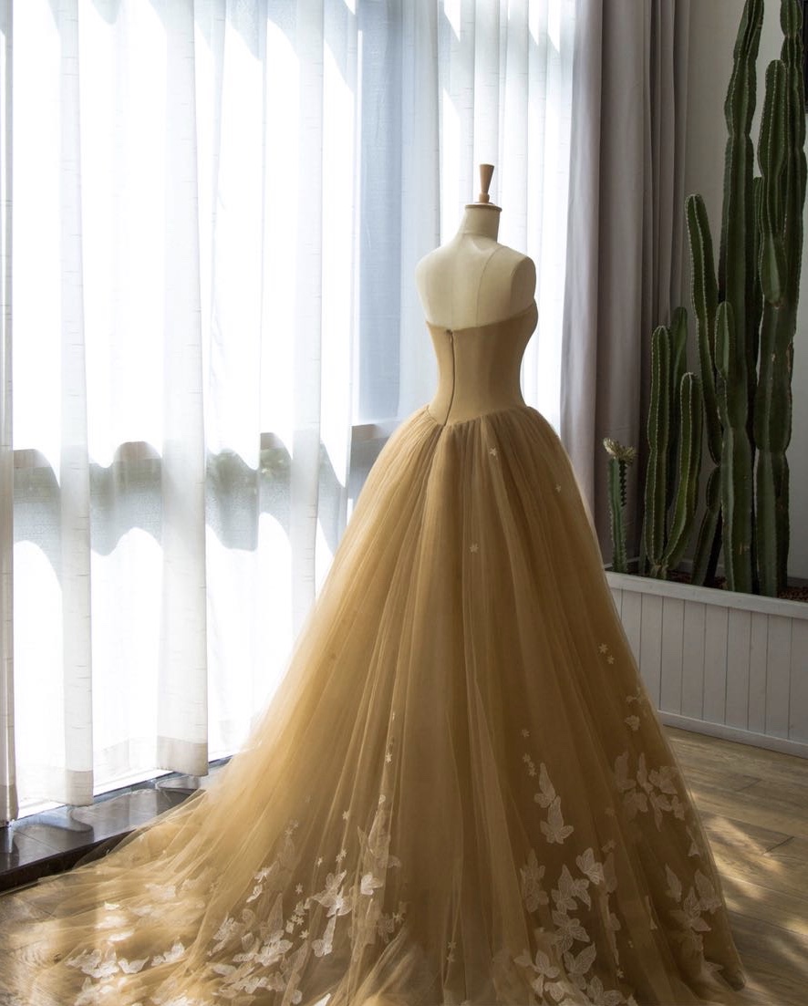 Strapless Prom Dress,yellow Tulle Wedding Dress,ball Gown Bridal Dress,custom Made