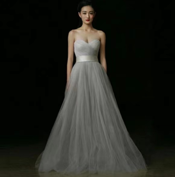 Strapless Prom Dress,gray Tulle Evening Dress,simple Bridesmaid Dress,custom Made