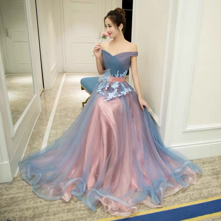 Off Shoulder Prom Dress,blue Tulle Evening Dress,,applique Bridesmaid Dress,custom Made