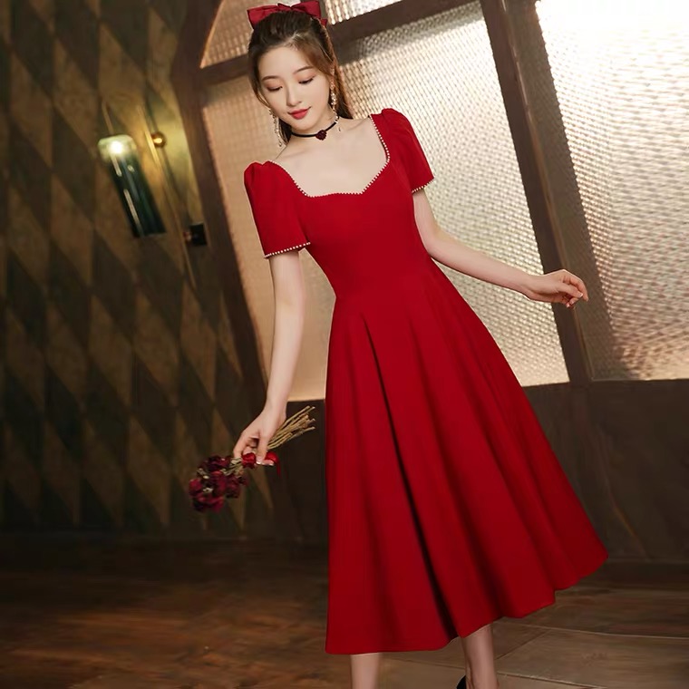 Red Midi Dress,short Sleeve Prom Dress,sweet Graduation Dress,custom Made