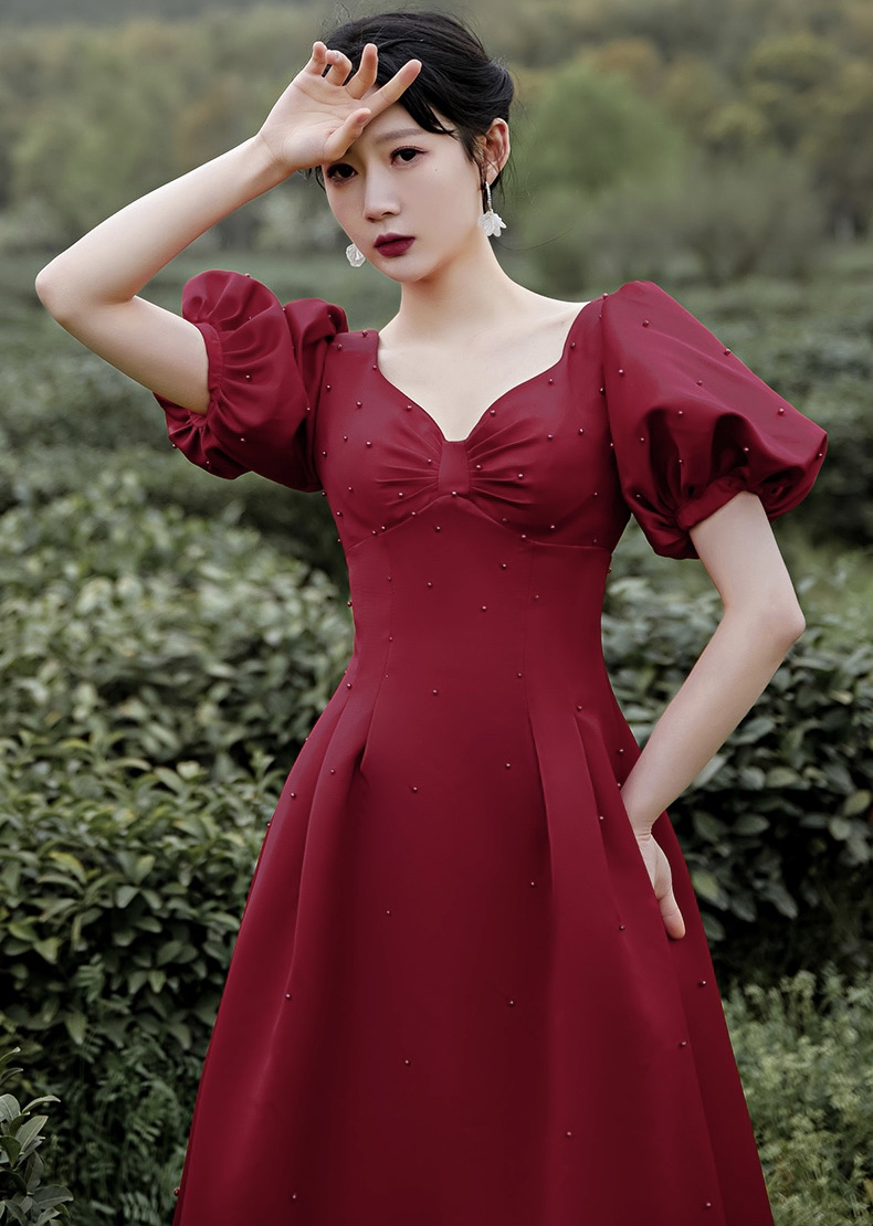 V-neck Prom Dress,red Party Dress,hubble-bubble Sleeve Red Dress With Pearl,custom Made