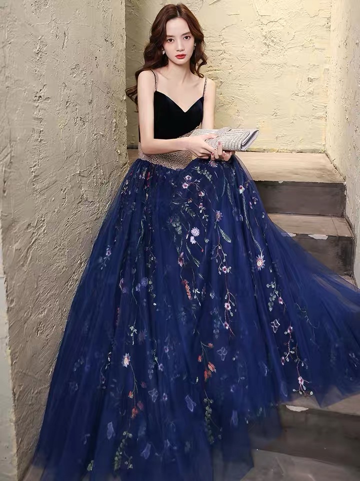 Navy Blue Evening Dress, Style, Spaghetti Strap Beaded Dress, Luxury Heavy Industry Embroidered Dress,custom Made