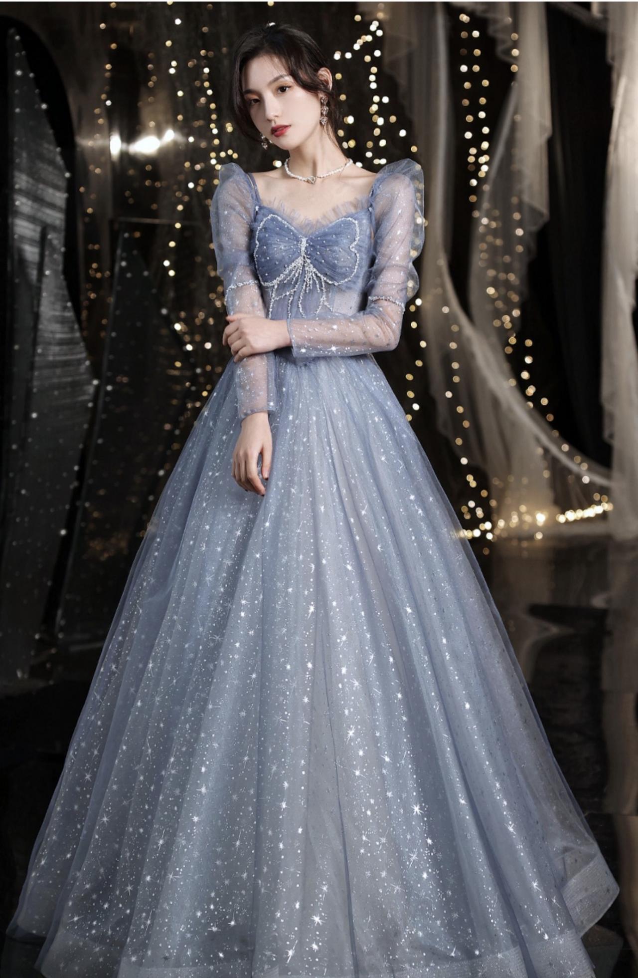 Romantic Evening Dress, Blue Princess Dress, Long Sleeve Party Dress,custom Made