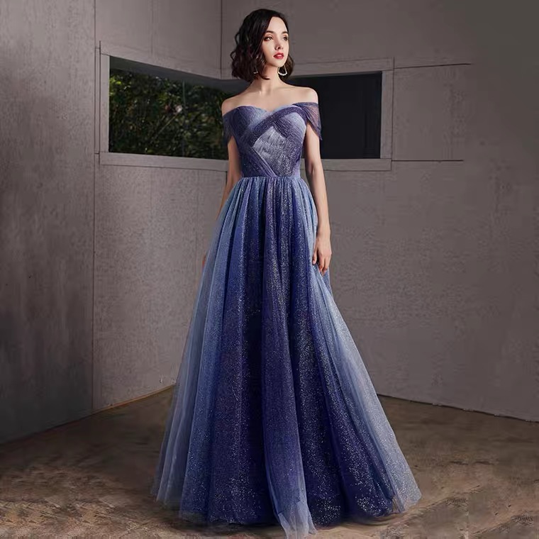 Off Shoulder Evening Dress,shiny Blue Prom Dress,custom Made