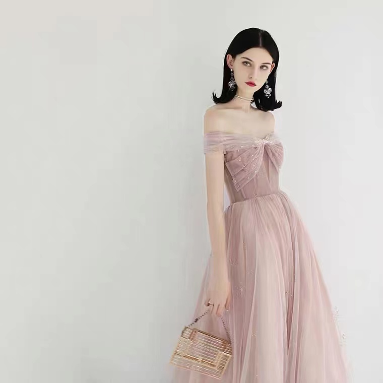 Pink Prom Dress,light Tulle ,summer,off Shoulder Evening Dress,custom Made