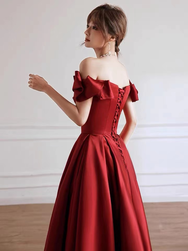 open lace back dress Classic Long Satin A-Line Prom Dress with Lace-Up Back Wine / 3 main image 0