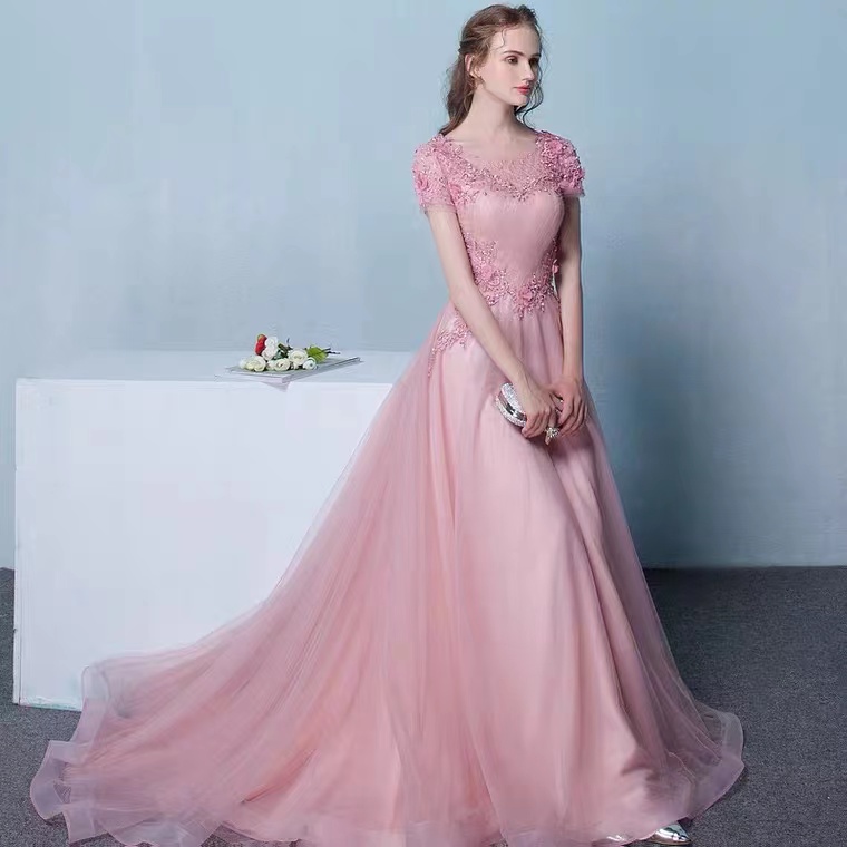 Short Sleeve Prom Dress, Long Pink Party Dress Romantic Bridal Dress,custom Made
