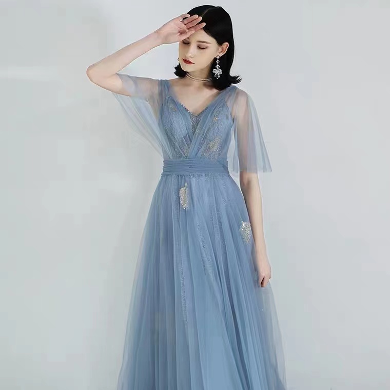 Blue Evening Dress, Atmosphere, Socialite Elegant Dress, V -neck Bridesmaid Dress,custom Made