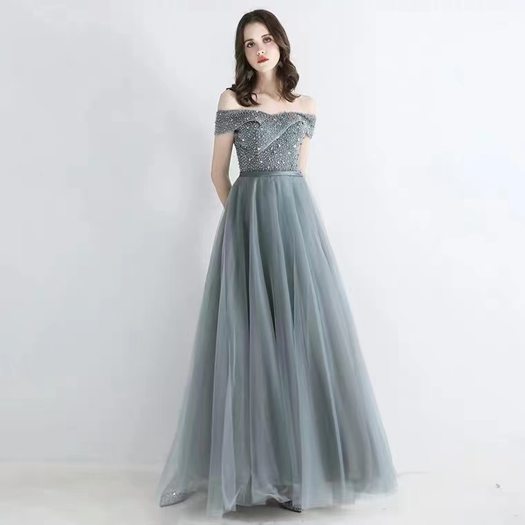 Smog Blue Party Evening Dress, Birthday Party, Dress,beaded Elegant Dress ,custom Made