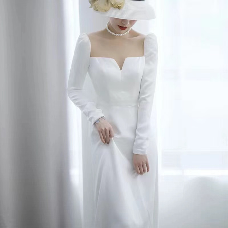 Long Sleeve Bridal Dress,satin Wedding Dress,custom Made