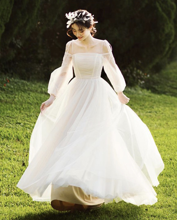 Long Sleeve Bridal Dress,off Shoulder Light Tulle Wedding Dress,dream,custom Made