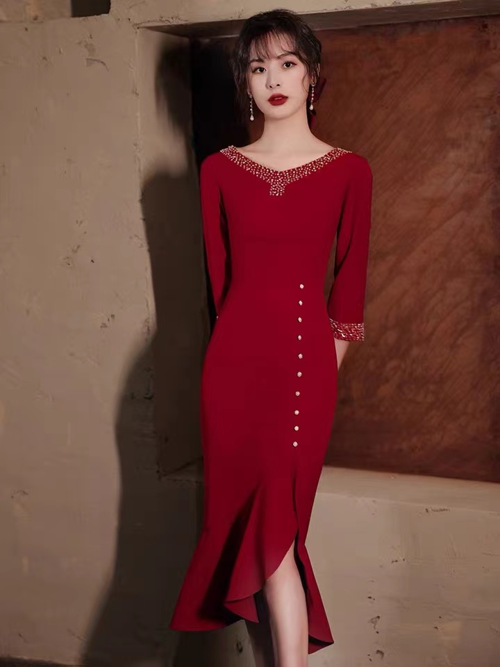 Unique,mermaid Midi Dress, Red Long Sleeve Party Dress,custom Made