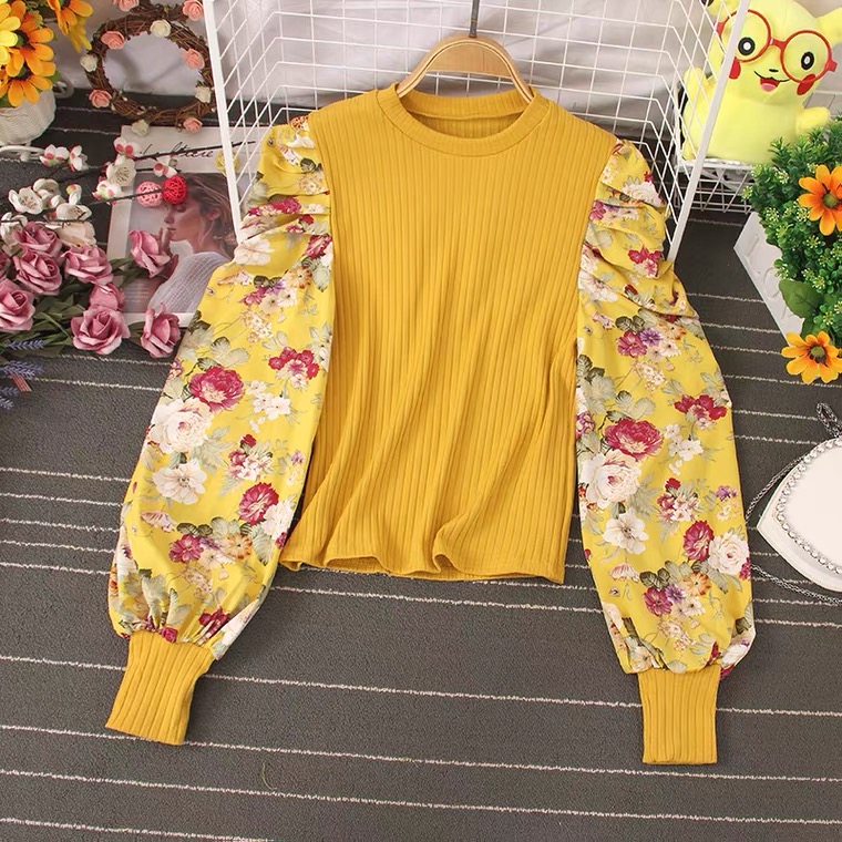 Long-sleeve Bubble Shirt, Round Neck Stretch Floral Slimming Top
