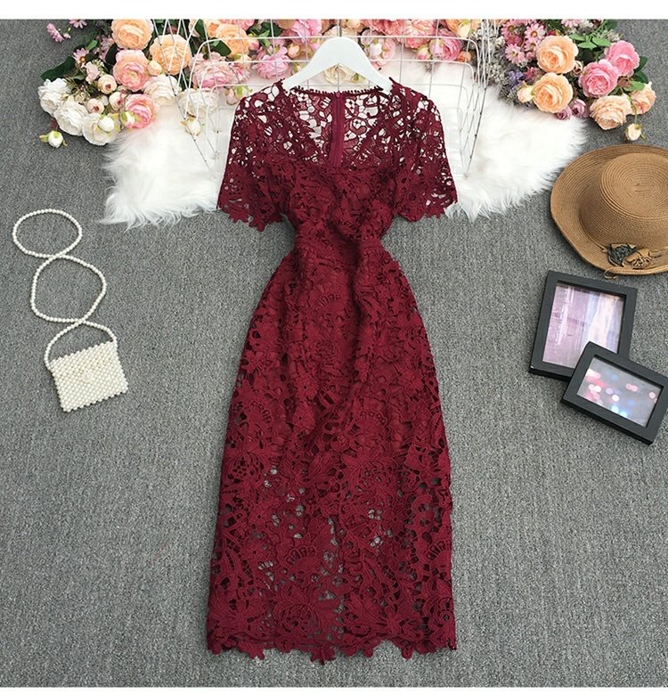 Summer, Elegant, Socialite, Temperament, Water Soluble Lace, Hollow Out, V Collar Wrap Hip Dress