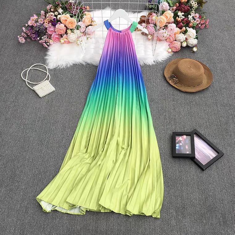 Holiday Style Dress, Round Neck, Rainbow Gradient, Pleated Loose Fairy Dress