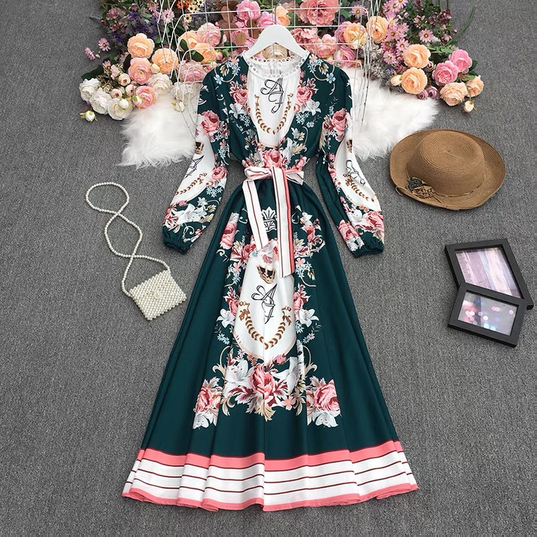Spring And Autumn, Round Neck, Long Sleeves, High Waist, Midi Long Printed Dress, A-line Dress