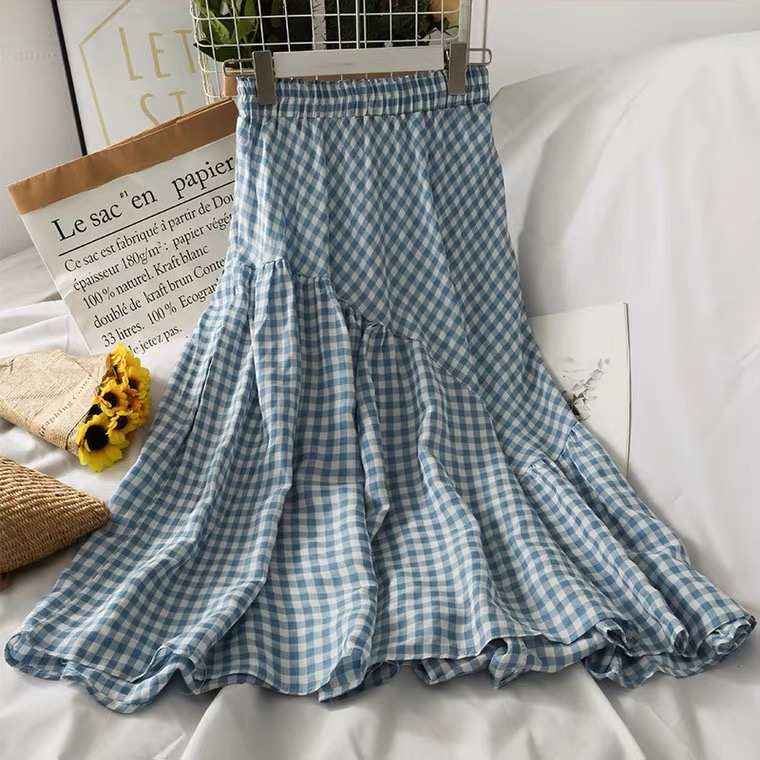 Vintage plaid patchwork flounce skirt, high waist casual loose A-line skirt
