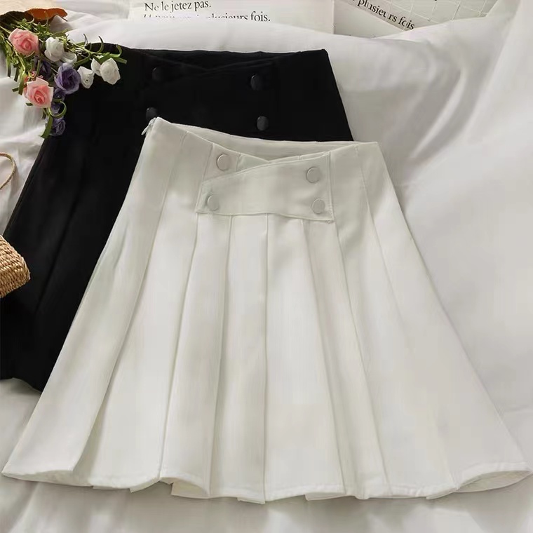 Temperament Breasted High Waist Skirt, Simple Pure Color A Line Pleated Skirt