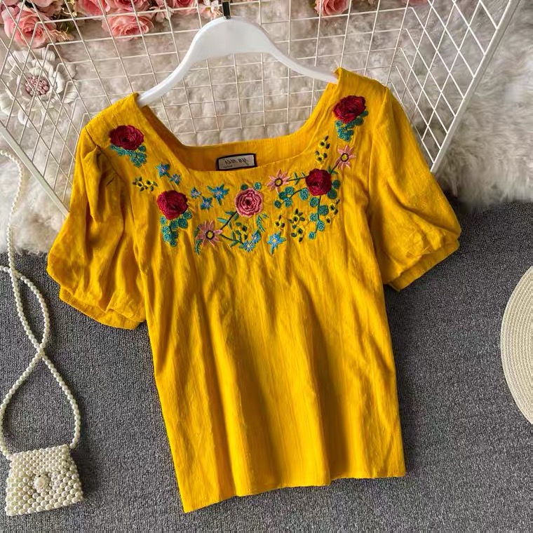 Summer, Vintage, Embroidery Literary Style, Ethnic Style, Embroidery, Square Collar Shirt