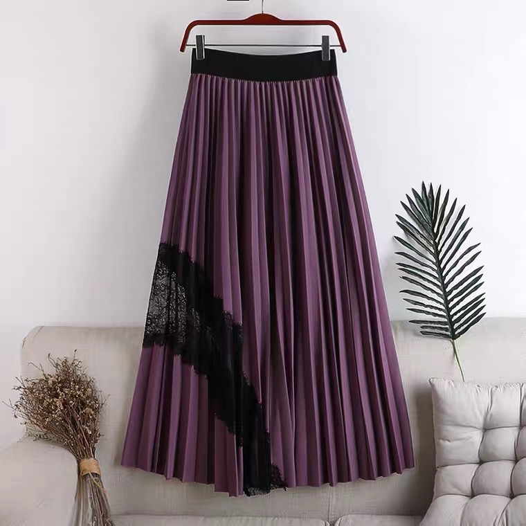 New style, high waist, large swing, elastic waist, pleated spliced lace mid-length skirt