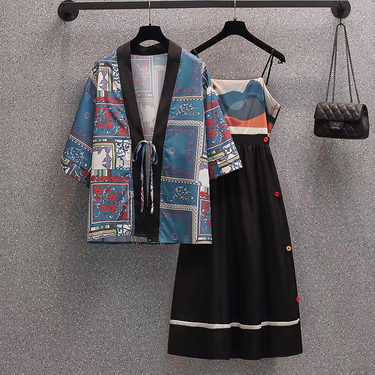 Summer Two Suits, Spaghetti Strap Dress And Kimono Cardigan