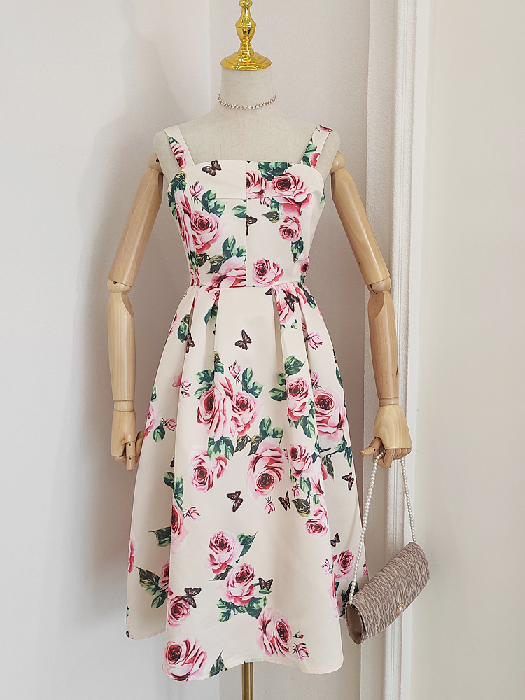 Fashion, Courtly Style, Rose Printed Dress, Slim Waist, Strapless Sundress