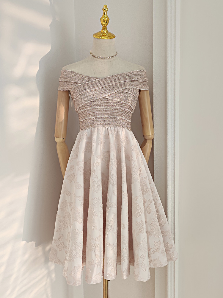 Hepburn Style, Vintage, Off-the-shoulder, Collarbone, Waist, Jacquard, A-line Dress
