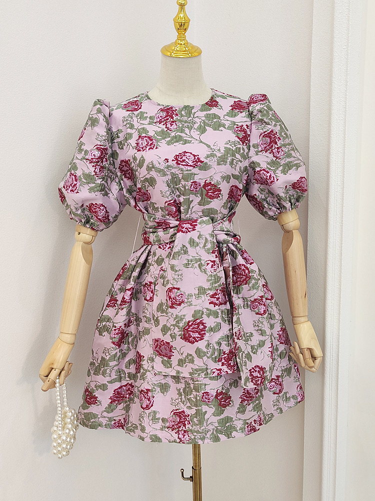 Lady Style, Rose Jacquard, Pleated Bubble Sleeves,little Bouffant Dress