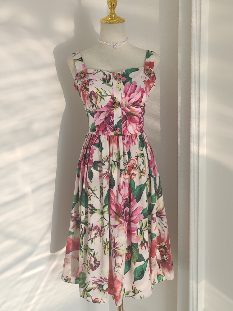Elegant, Big Flower Printing, Temperament, Spaghetti Strap Dress, Waist Big A-line Dress