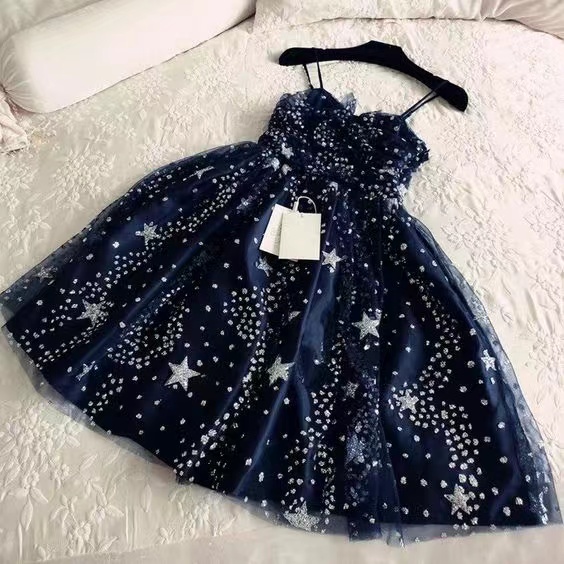 Glitter Stars Sequins Beaded Short Navy Blue Party Dresses,sweet 16,spaghetti Strap Party Dress,custom Made