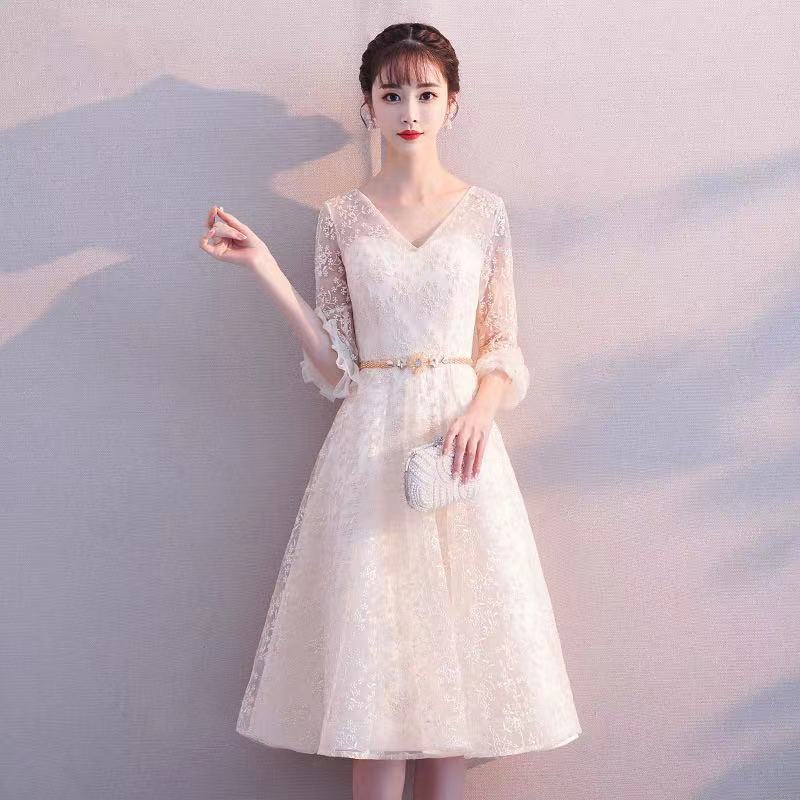Mid-sleeve Evening Dress, Midi Champagne Bridesmaid Dress,lace Homecoming Dress,custom Made