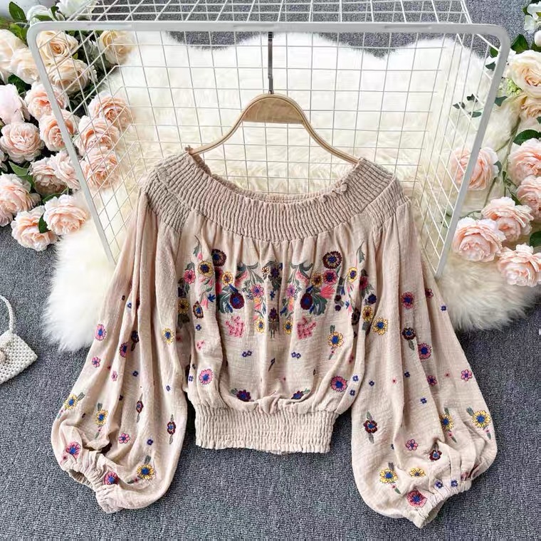 Ethnic Style, Heavy Embroidery Flowers, Elastic,off Shoulder,bubble Sleeves, Unique Short Crop Top