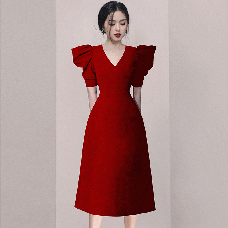 V-neck Evening Dress, Red Midi Dress,fashion,puffy Sleeves Party Dress ,custom Made