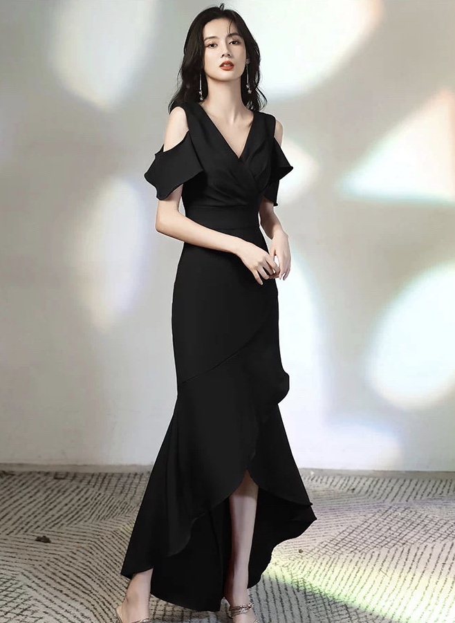 Black Evening Dress, V-neck Party Dress,custom Made