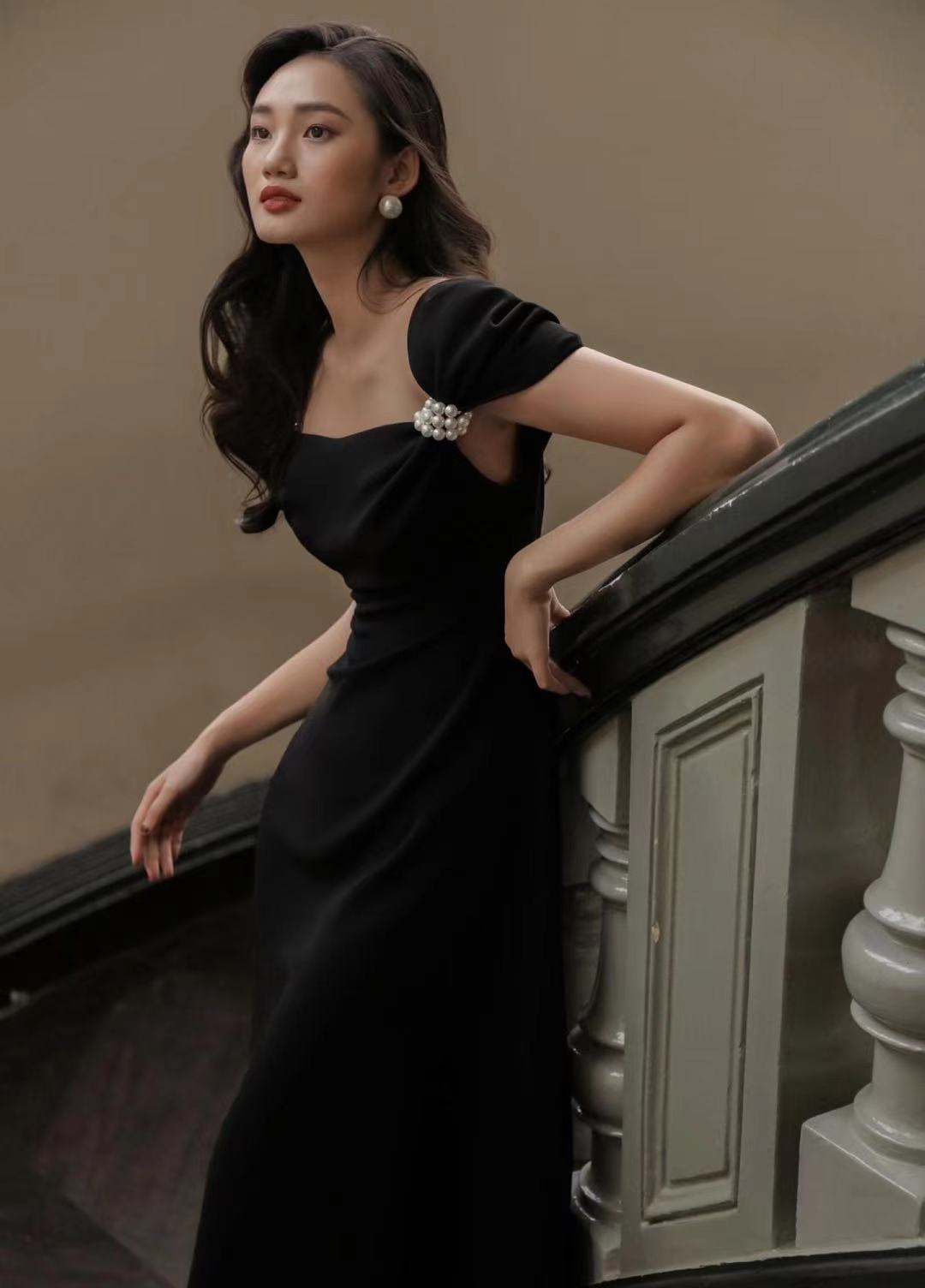 Black, Pearl Button-down, Elegant Half-sleeve Prom Gown, Vintage Dress,custom Made
