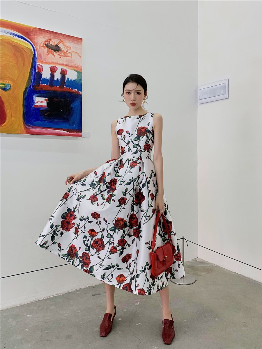 Rose Printed, Sleeveless Dress With High Waist, A-line Midi Dress
