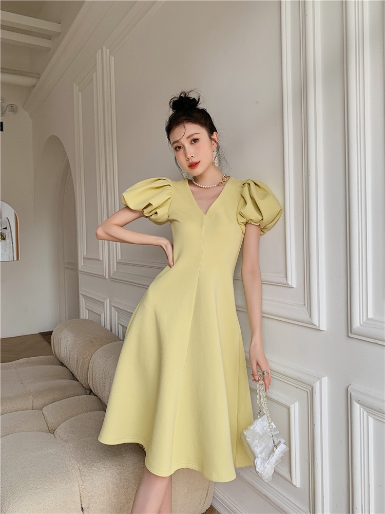 Light Yellow V-neck Dress, Midi Bubble Sleeves, Waist - Tucked A-line Dress