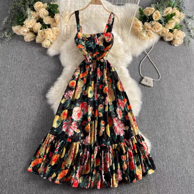Flower Series Holiday Dress, Temperament, Square Collar, Slim Long Flounce Girdle Dress
