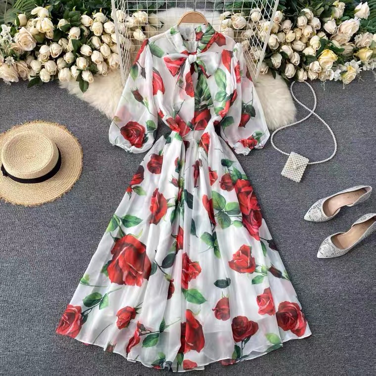Elegant Print Dress ,floral Prom Dress, Sweet Puffed Sleeves With Tie Bow,chiffon Floral Dress